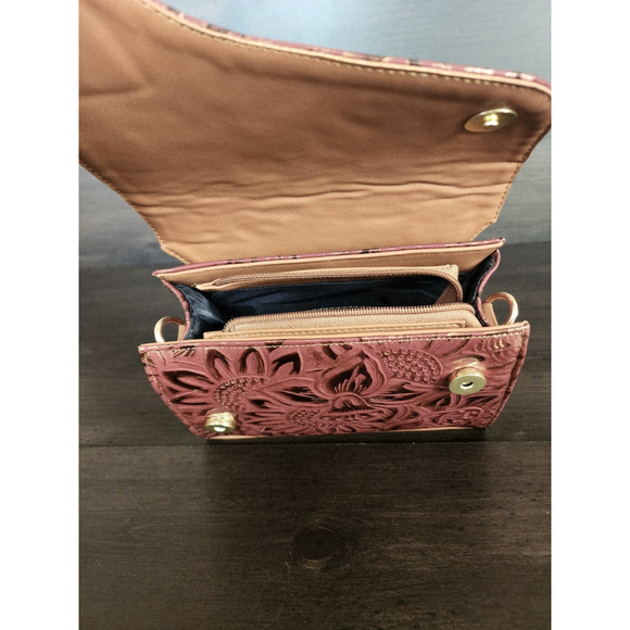 Red Wine Gold Sunflower Embossed Tooled Artisan LEATHER Crossbody bag Purse - Picture 11 of 15